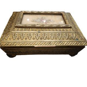 Antique Dore Bronze Footed Decorative Box with Needle Point Center (A2000)